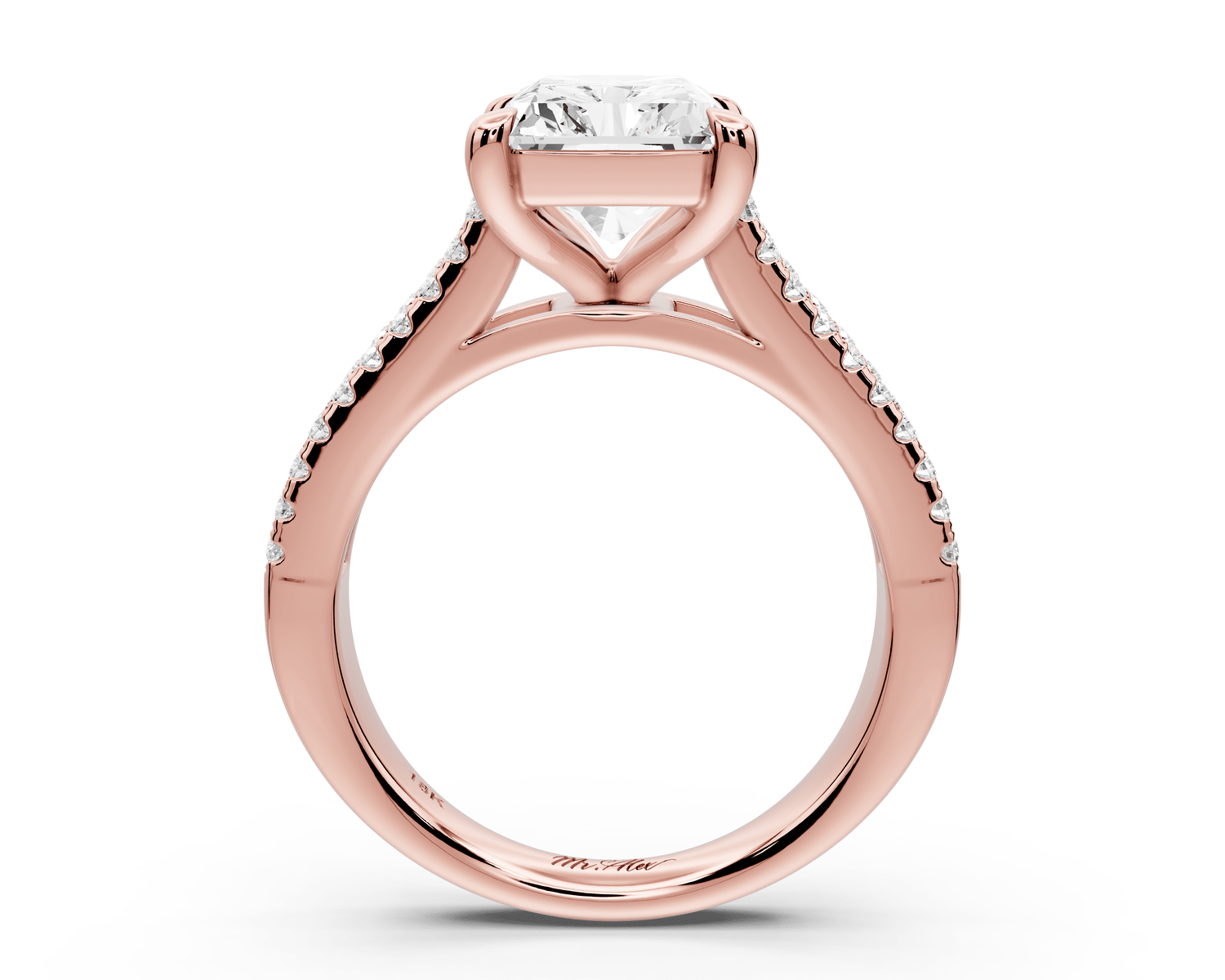 Estelle - 4ct 14k rose gold radiant diamond with emerald and round cut accent stones half band cathedral engagement ring - Mr. Alex Jewelry