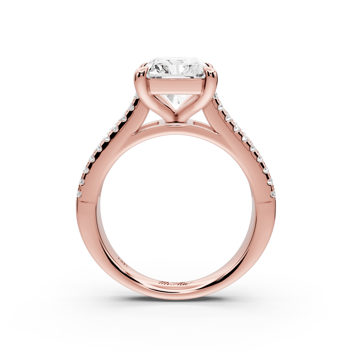 Estelle - 4ct 14k rose gold radiant diamond with emerald and round cut accent stones half band cathedral engagement ring - Mr. Alex Jewelry