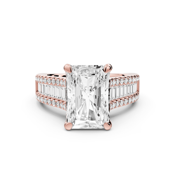Estelle - 4ct 14k rose gold radiant diamond with emerald and round cut accent stones half band cathedral engagement ring - Mr. Alex Jewelry