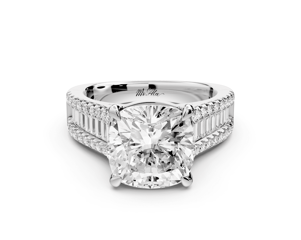 Estelle - 4ct 14k white gold cushion diamond with emerald and round cut accent stones half band cathedral engagement ring - Mr. Alex Jewelry