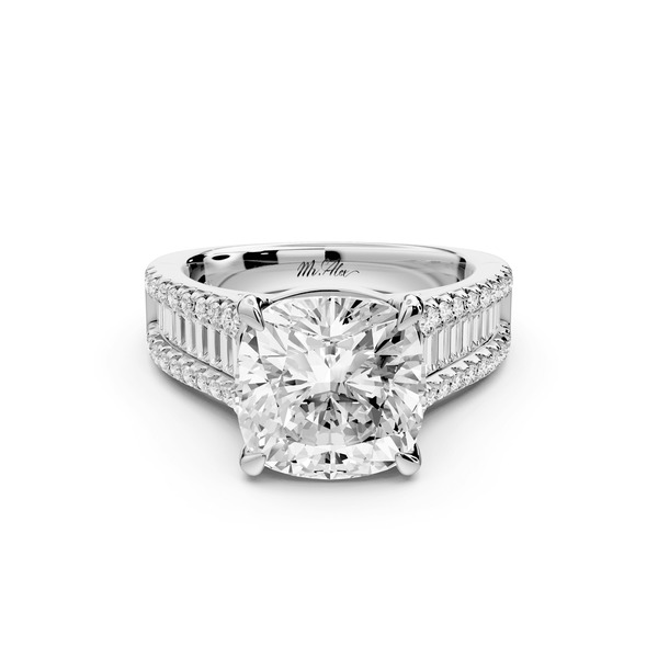 Estelle - 4ct 14k white gold cushion diamond with emerald and round cut accent stones half band cathedral engagement ring - Mr. Alex Jewelry