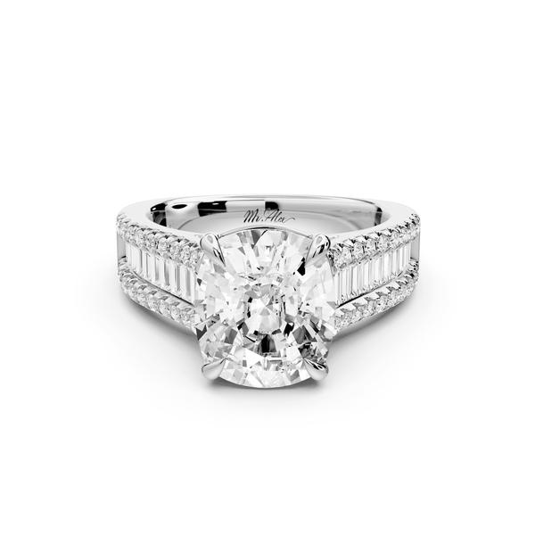 Estelle - 4ct 14k white gold ecushion diamond with emerald and round cut accent stones half band cathedral engagement ring - Mr. Alex Jewelry