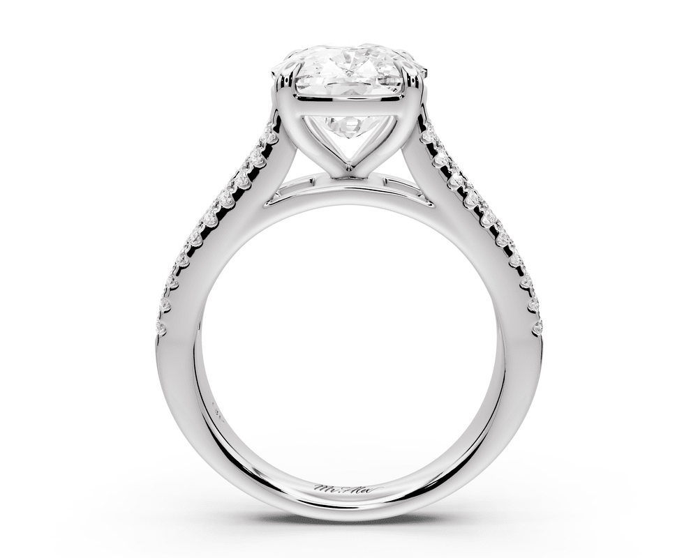 Estelle - 4ct 14k white gold ecushion diamond with emerald and round cut accent stones half band cathedral engagement ring - Mr. Alex Jewelry