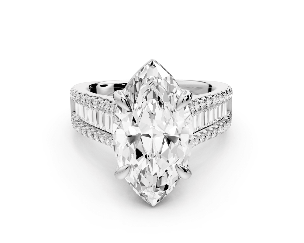 Estelle - 4ct 14k white gold marquise diamond with emerald and round cut accent stones half band cathedral engagement ring - Mr. Alex Jewelry