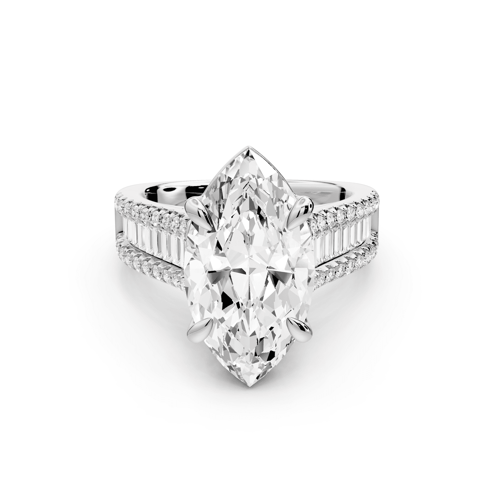 Estelle - 4ct 14k white gold marquise diamond with emerald and round cut accent stones half band cathedral engagement ring - Mr. Alex Jewelry