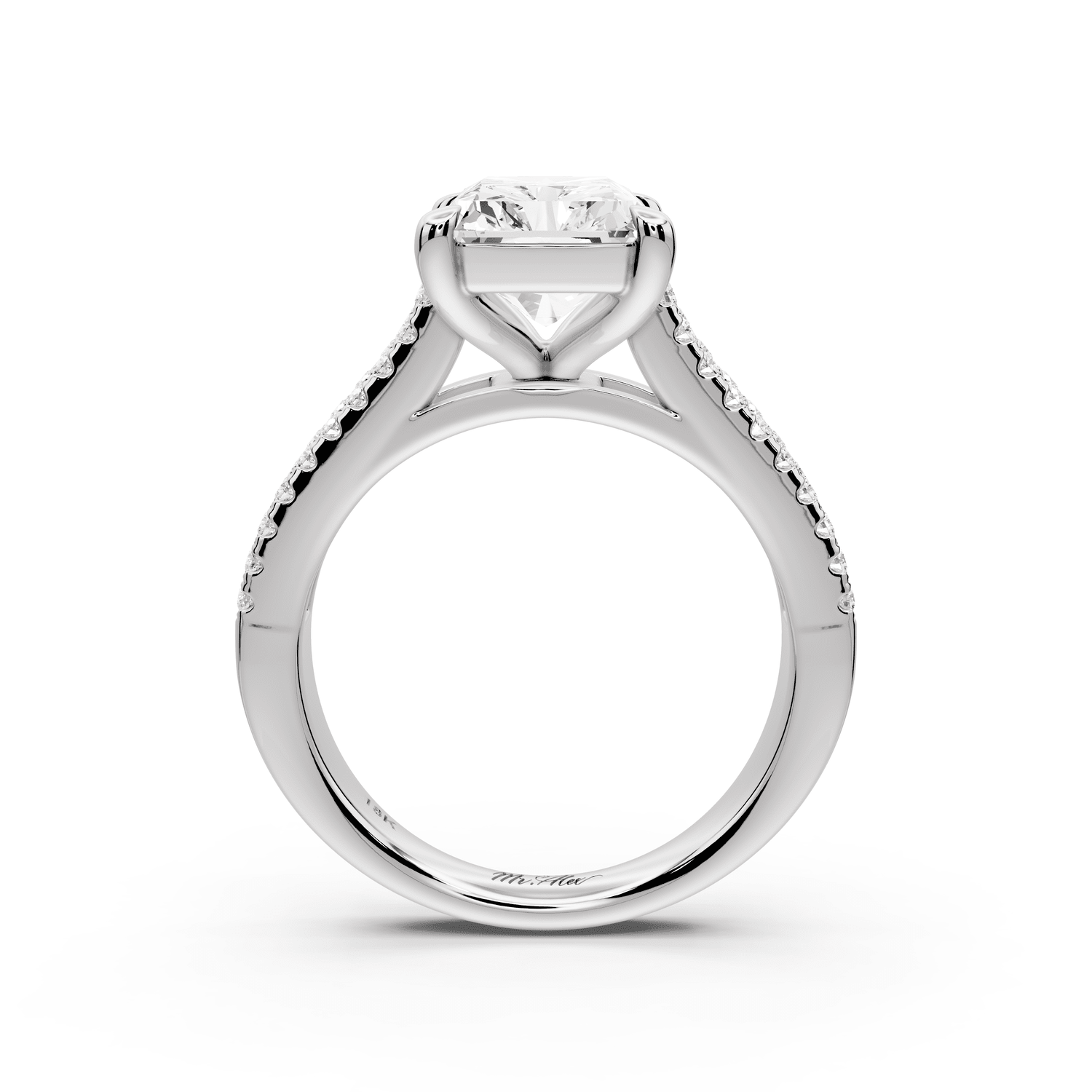 Estelle - 4ct 14k white gold radiant diamond with emerald and round cut accent stones half band cathedral engagement ring - Mr. Alex Jewelry
