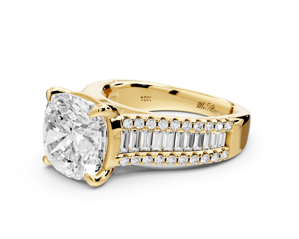 Estelle - 4ct 14k yellow gold cushion diamond with emerald and round cut accent stones half band cathedral engagement ring - Mr. Alex Jewelry
