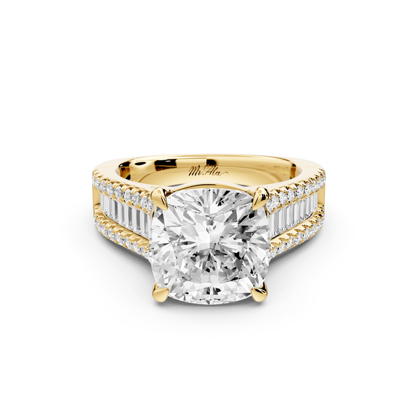 Estelle - 4ct 14k yellow gold cushion diamond with emerald and round cut accent stones half band cathedral engagement ring - Mr. Alex Jewelry