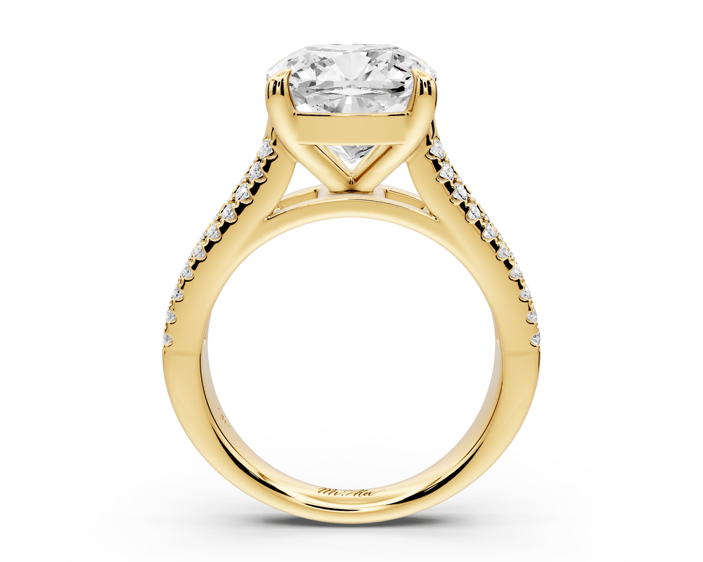 Estelle - 4ct 14k yellow gold cushion diamond with emerald and round cut accent stones half band cathedral engagement ring - Mr. Alex Jewelry