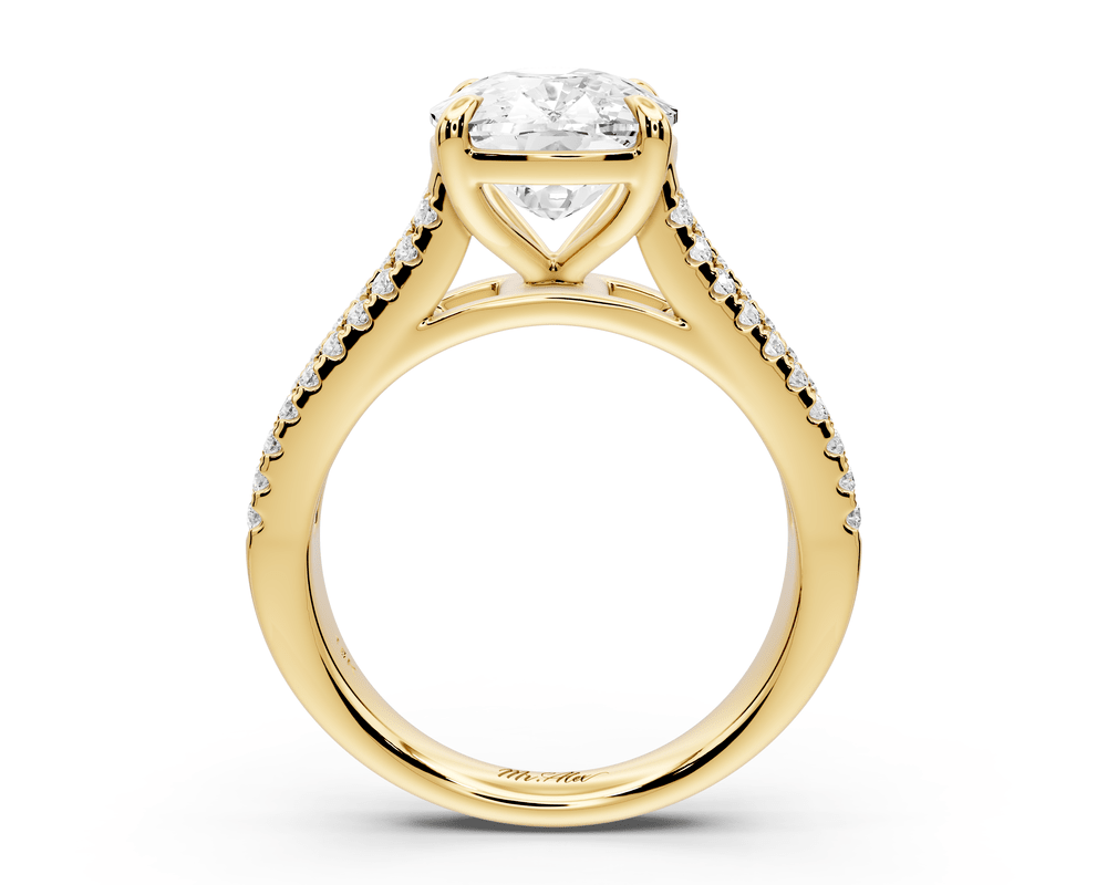 Estelle - 4ct 14k yellow gold ecushion diamond with emerald and round cut accent stones half band cathedral engagement ring - Mr. Alex Jewelry