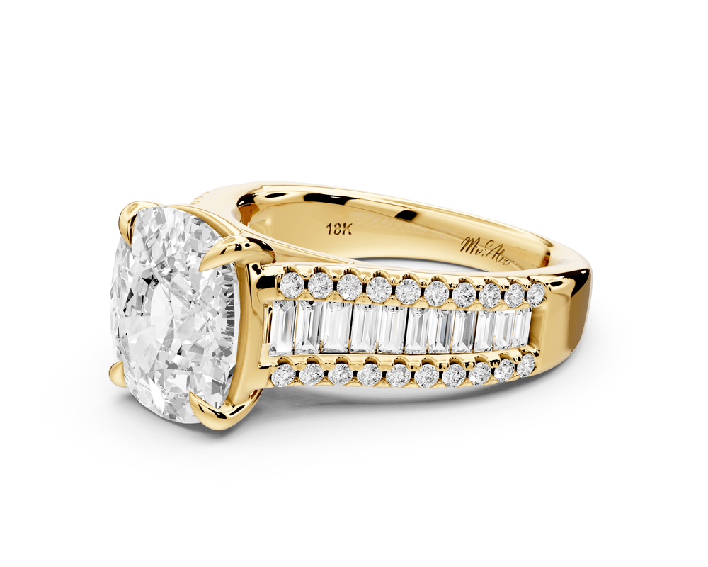 Estelle - 4ct 14k yellow gold ecushion diamond with emerald and round cut accent stones half band cathedral engagement ring - Mr. Alex Jewelry