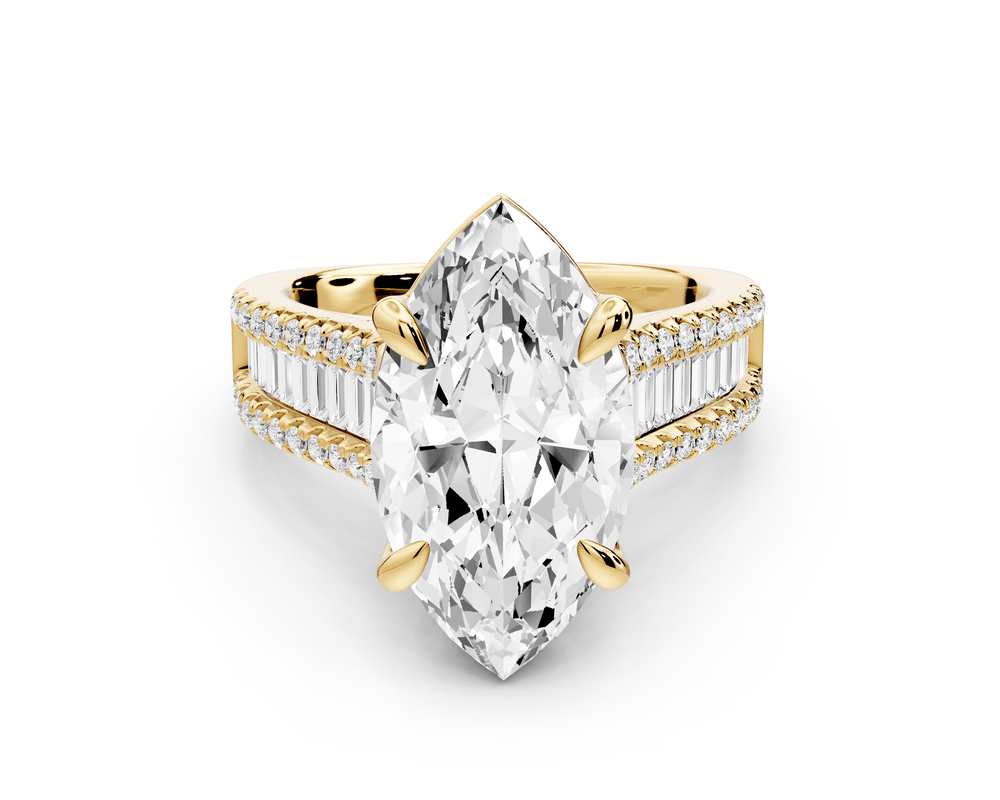 Estelle - 4ct 14k yellow gold marquise diamond with emerald and round cut accent stones half band cathedral engagement ring - Mr. Alex Jewelry
