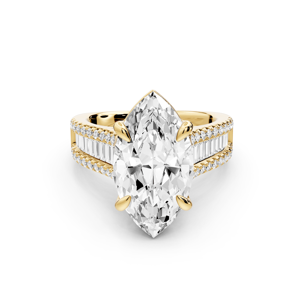 Estelle - 4ct 14k yellow gold marquise diamond with emerald and round cut accent stones half band cathedral engagement ring - Mr. Alex Jewelry