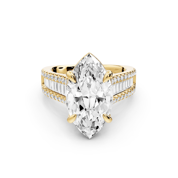 Estelle - 4ct 14k yellow gold marquise diamond with emerald and round cut accent stones half band cathedral engagement ring - Mr. Alex Jewelry