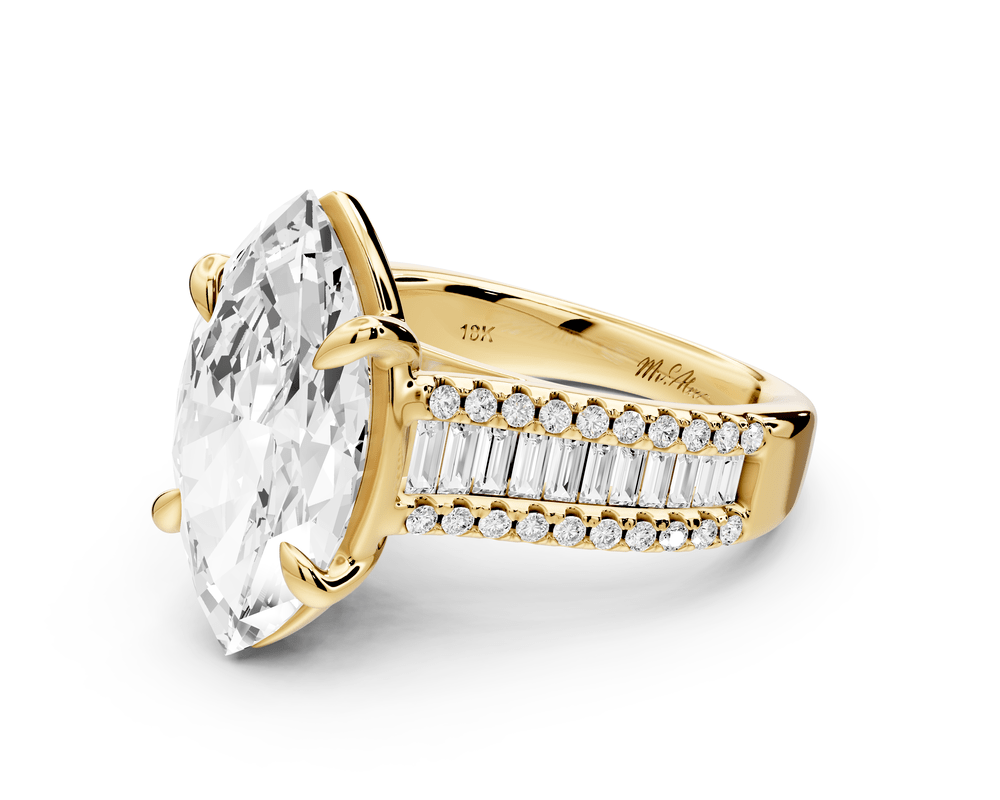 Estelle - 4ct 14k yellow gold marquise diamond with emerald and round cut accent stones half band cathedral engagement ring - Mr. Alex Jewelry