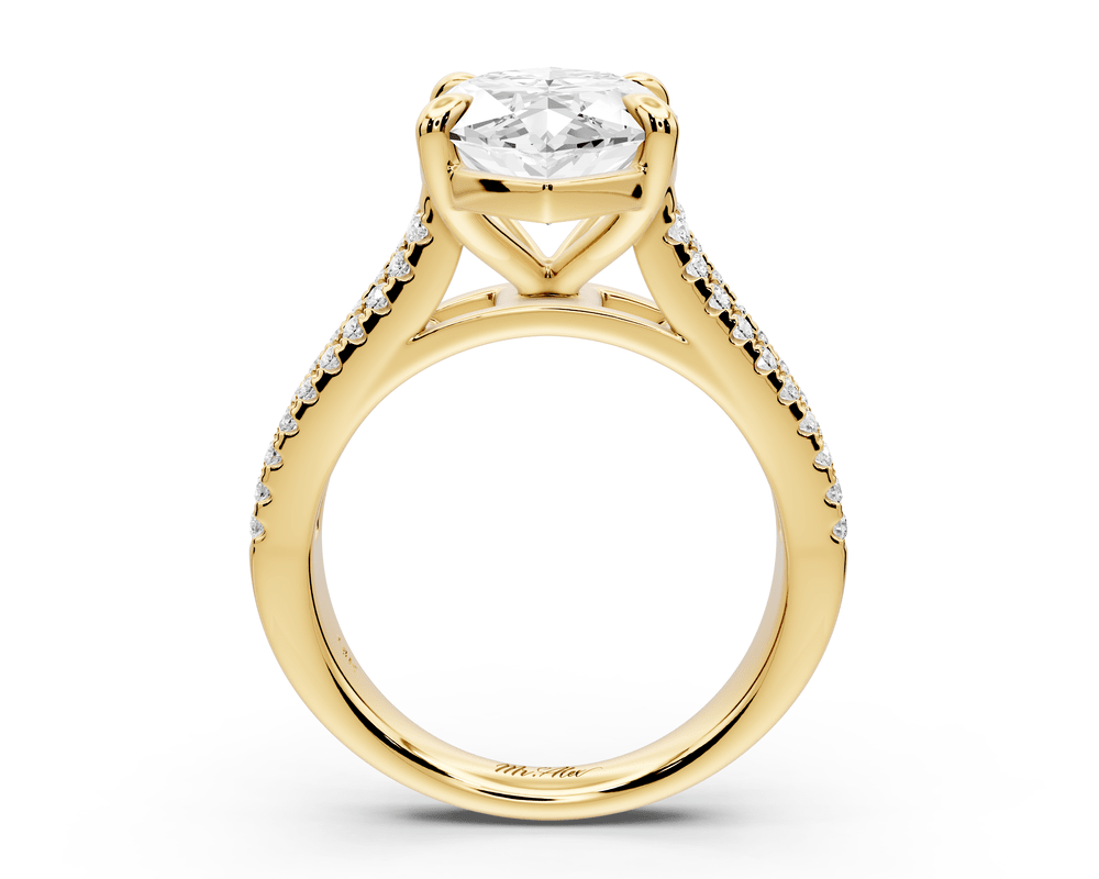 Estelle - 4ct 14k yellow gold marquise diamond with emerald and round cut accent stones half band cathedral engagement ring - Mr. Alex Jewelry