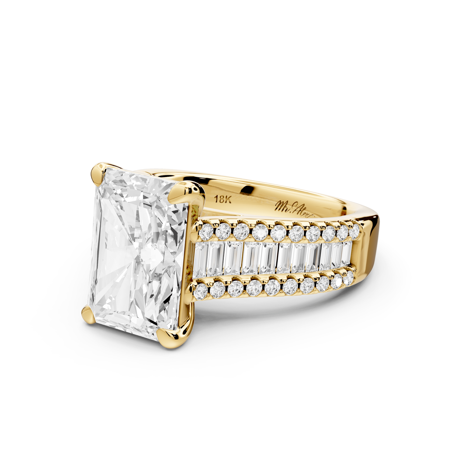 Estelle - 4ct 14k yellow gold radiant diamond with emerald and round cut accent stones half band cathedral engagement ring - Mr. Alex Jewelry