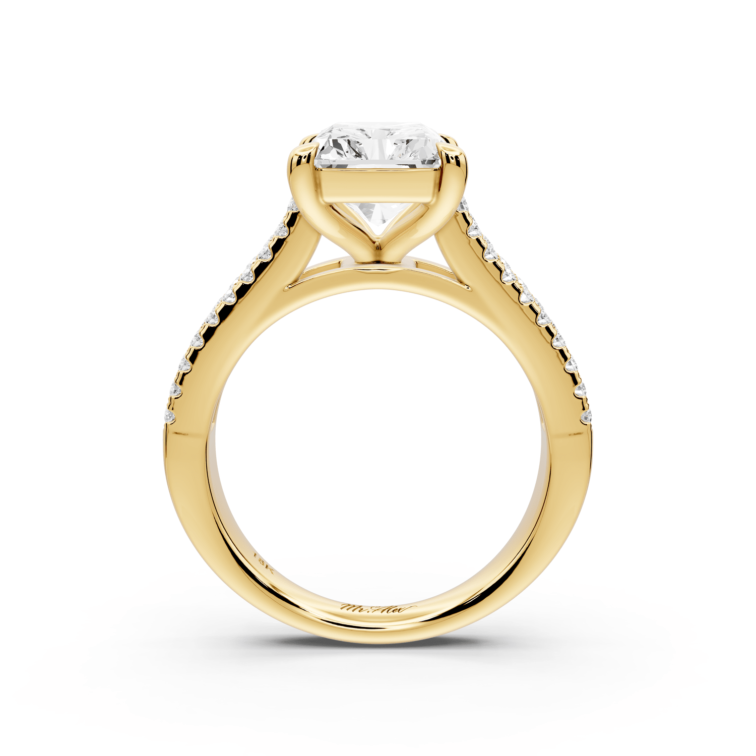 Estelle - 4ct 14k yellow gold radiant diamond with emerald and round cut accent stones half band cathedral engagement ring - Mr. Alex Jewelry