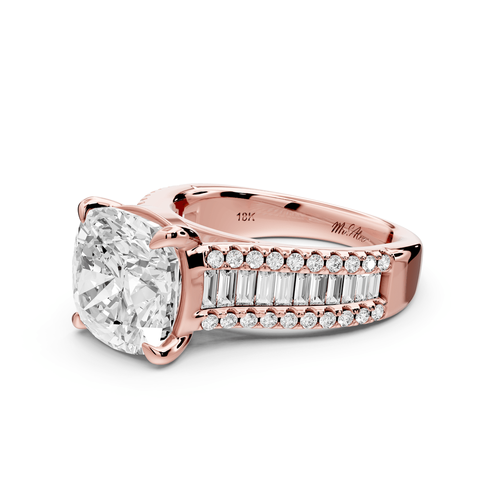 Estelle - 4ct 18k rose gold cushion diamond with emerald and round cut accent stones half band cathedral engagement ring - Mr. Alex Jewelry