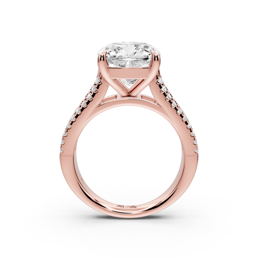 Estelle - 4ct 18k rose gold cushion diamond with emerald and round cut accent stones half band cathedral engagement ring - Mr. Alex Jewelry