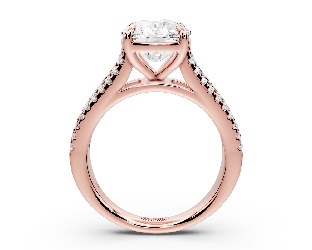 Estelle - 4ct 18k rose gold ecushion diamond with emerald and round cut accent stones half band cathedral engagement ring - Mr. Alex Jewelry