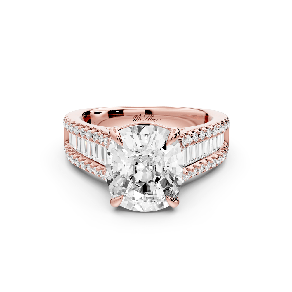 Estelle - 4ct 18k rose gold ecushion diamond with emerald and round cut accent stones half band cathedral engagement ring - Mr. Alex Jewelry