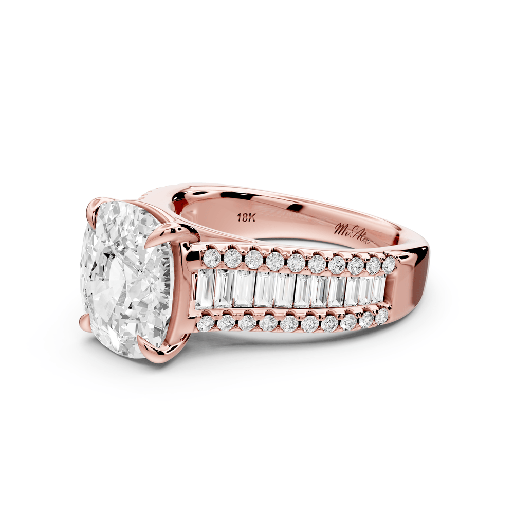 Estelle - 4ct 18k rose gold ecushion diamond with emerald and round cut accent stones half band cathedral engagement ring - Mr. Alex Jewelry