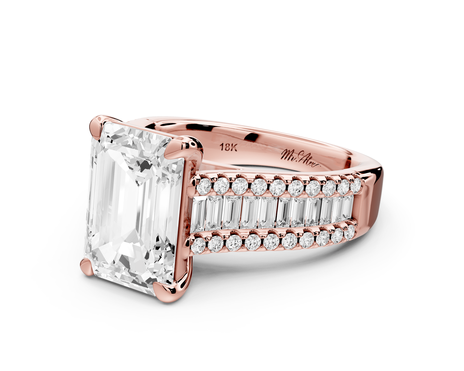 Estelle - 4ct 18k rose gold emerald diamond with emerald and round cut accent stones half band cathedral engagamengt ring - Mr. Alex Jewelry