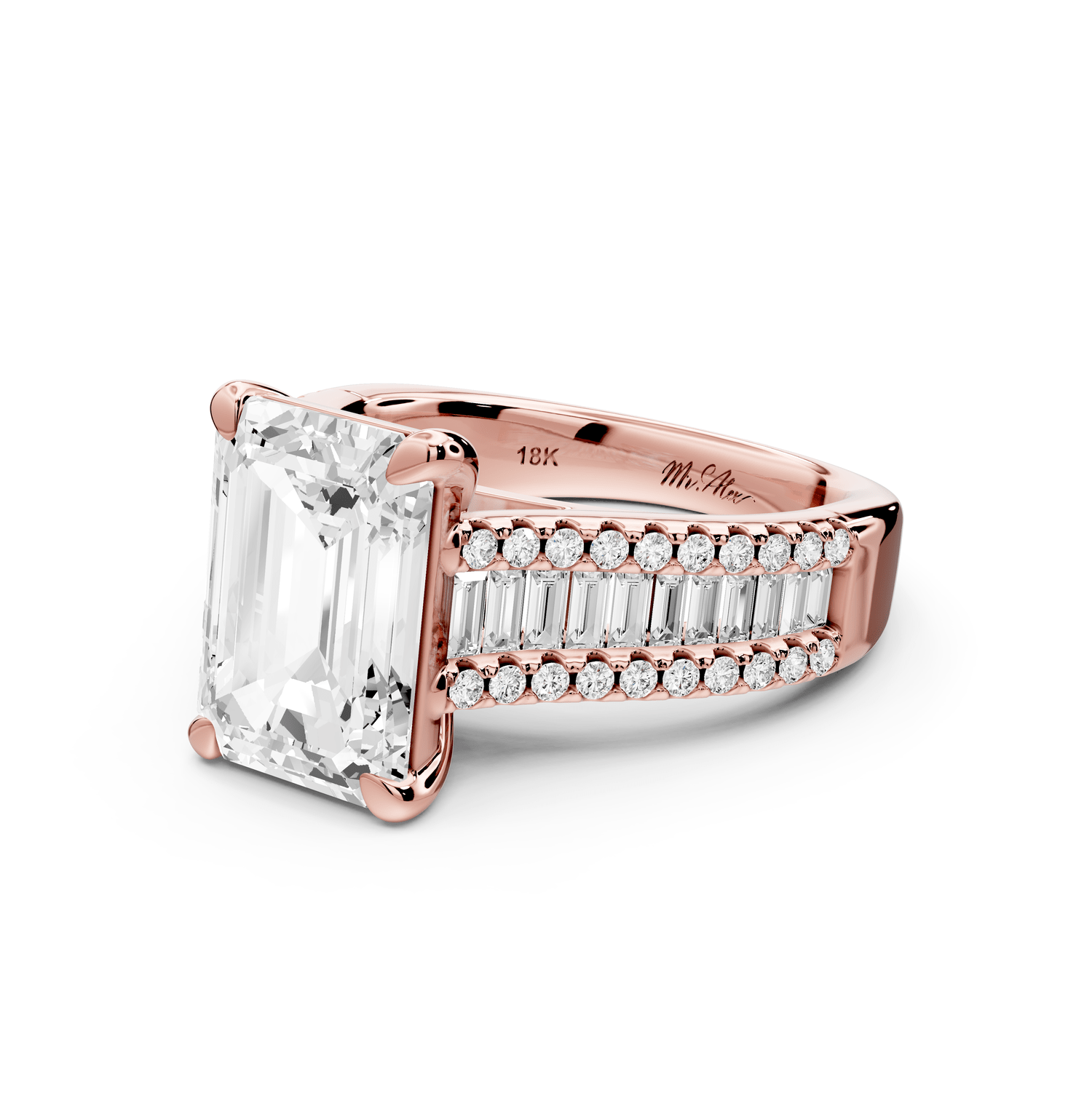 Estelle - 4ct 18k rose gold emerald diamond with emerald and round cut accent stones half band cathedral engagamengt ring - Mr. Alex Jewelry