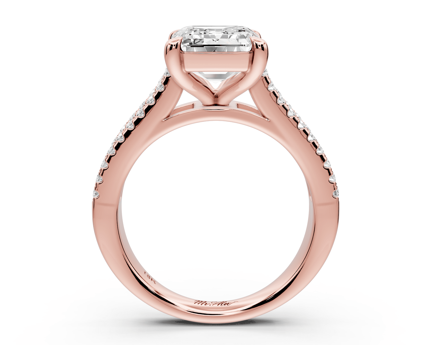 Estelle - 4ct 18k rose gold emerald diamond with emerald and round cut accent stones half band cathedral engagamengt ring - Mr. Alex Jewelry