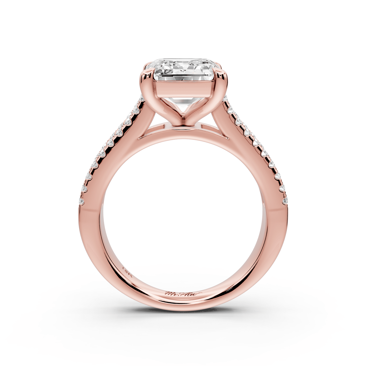 Estelle - 4ct 18k rose gold emerald diamond with emerald and round cut accent stones half band cathedral engagamengt ring - Mr. Alex Jewelry