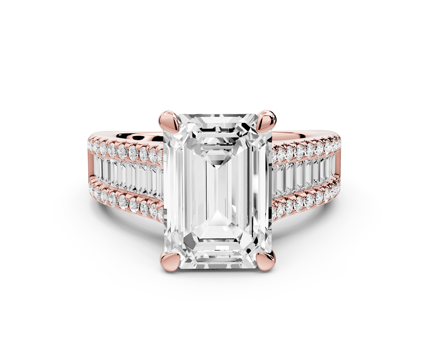 Estelle - 4ct 18k rose gold emerald diamond with emerald and round cut accent stones half band cathedral engagamengt ring - Mr. Alex Jewelry