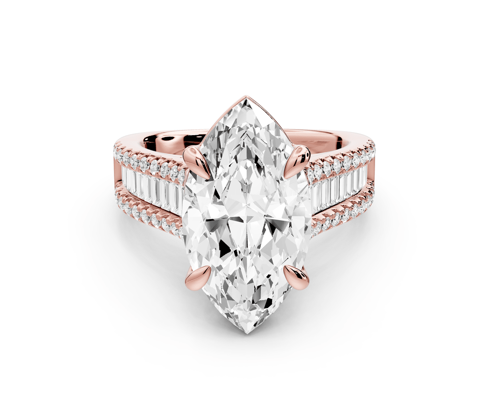 Estelle - 4ct 18k rose gold marquise diamond with emerald and round cut accent stones half band cathedral engagement ring - Mr. Alex Jewelry