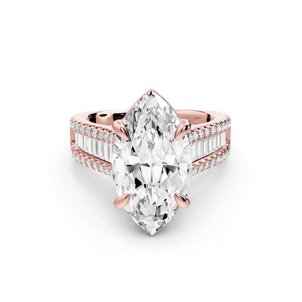 Estelle - 4ct 18k rose gold marquise diamond with emerald and round cut accent stones half band cathedral engagement ring - Mr. Alex Jewelry