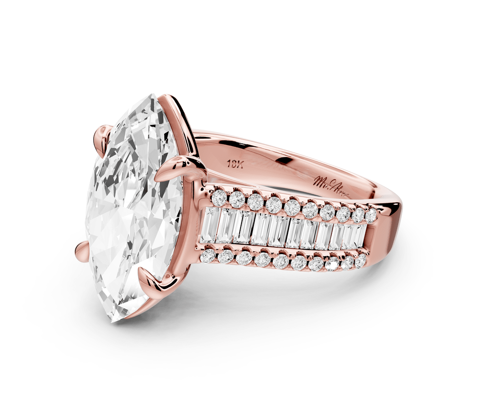 Estelle - 4ct 18k rose gold marquise diamond with emerald and round cut accent stones half band cathedral engagement ring - Mr. Alex Jewelry