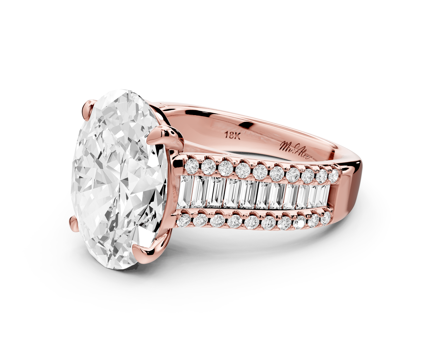 Estelle - 4ct 18k rose gold oval diamond with emerald and round cut accent stones half band cathedral engagamengt ring - Mr. Alex Jewelry