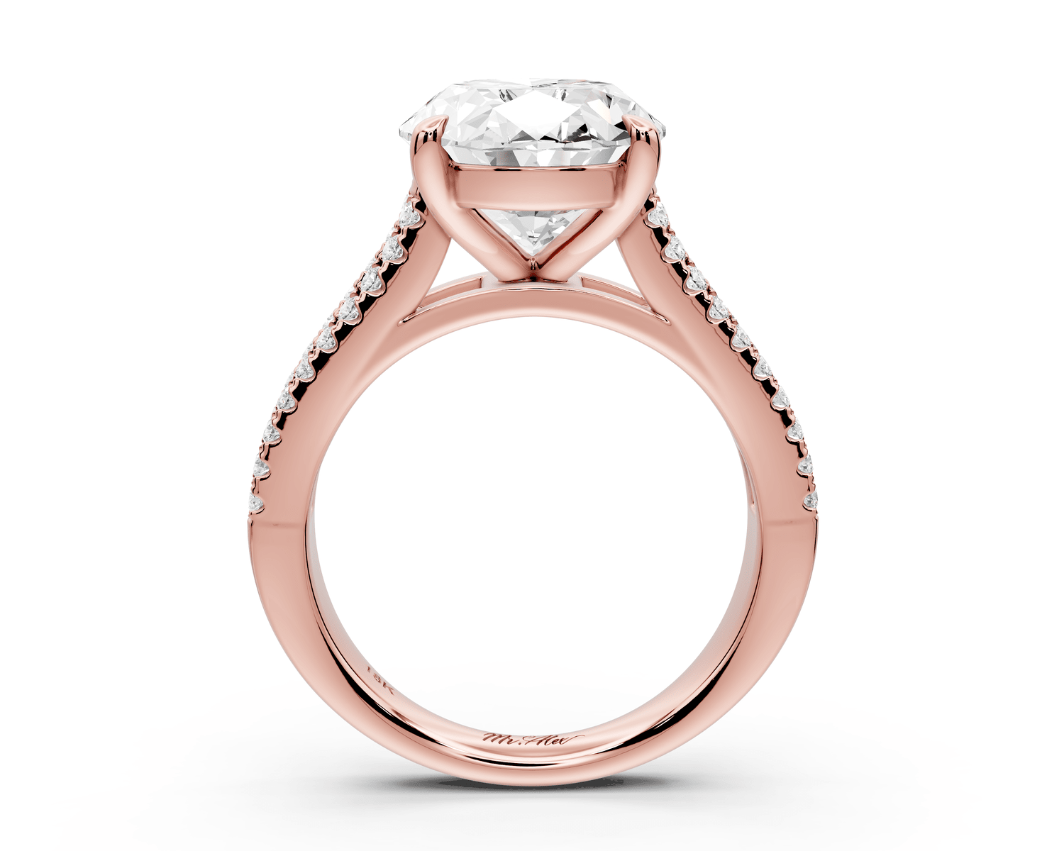 Estelle - 4ct 18k rose gold oval diamond with emerald and round cut accent stones half band cathedral engagamengt ring - Mr. Alex Jewelry