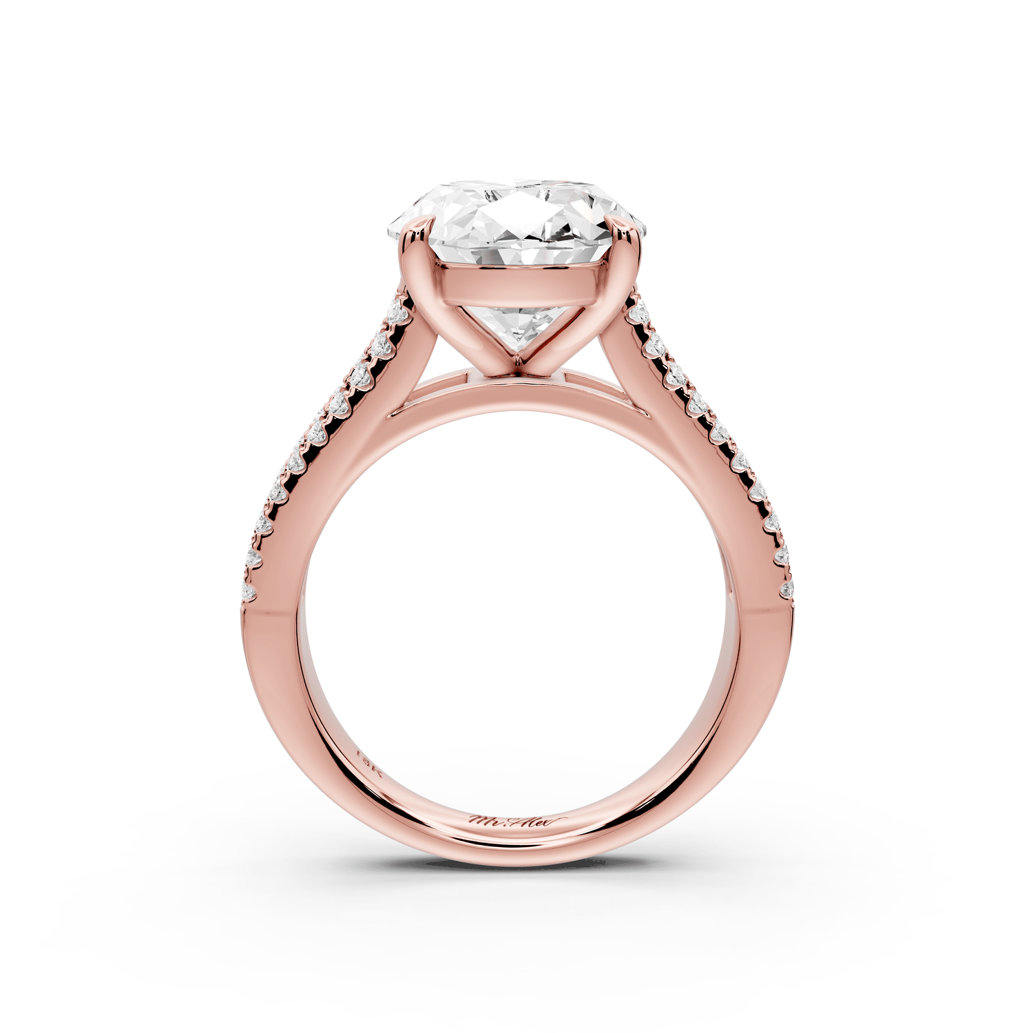Estelle - 4ct 18k rose gold oval diamond with emerald and round cut accent stones half band cathedral engagamengt ring - Mr. Alex Jewelry