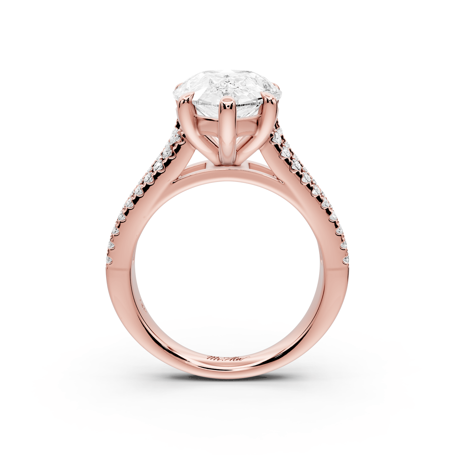 Estelle - 4ct 18k rose gold pear diamond with emerald and round cut accent stones half band cathedral engagamengt ring - Mr. Alex Jewelry