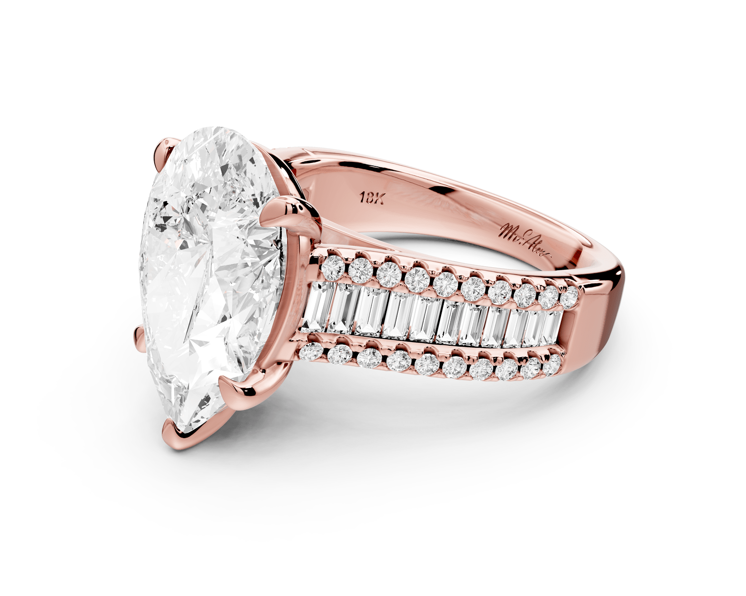 Estelle - 4ct 18k rose gold pear diamond with emerald and round cut accent stones half band cathedral engagamengt ring - Mr. Alex Jewelry
