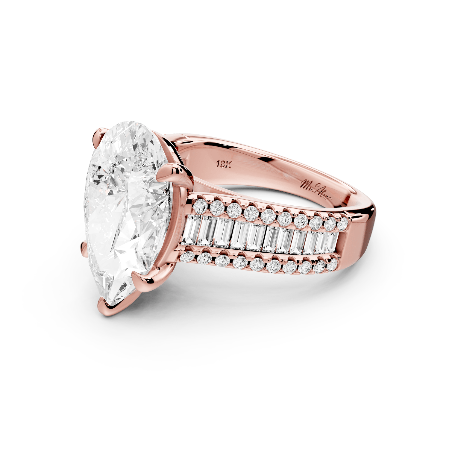 Estelle - 4ct 18k rose gold pear diamond with emerald and round cut accent stones half band cathedral engagamengt ring - Mr. Alex Jewelry