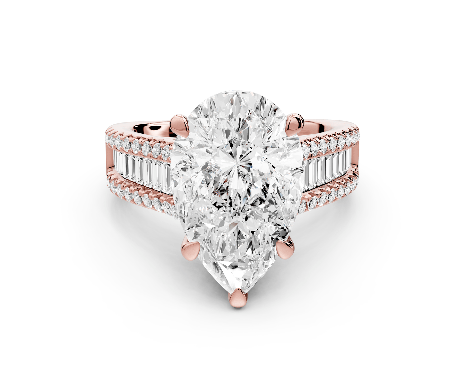 Estelle - 4ct 18k rose gold pear diamond with emerald and round cut accent stones half band cathedral engagamengt ring - Mr. Alex Jewelry