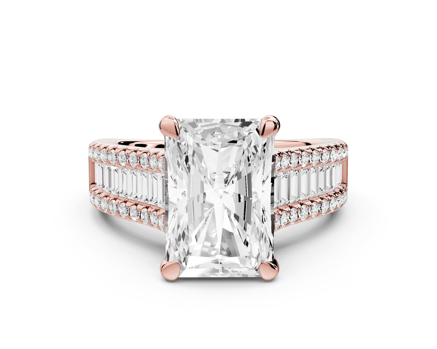 Estelle - 4ct 18k rose gold radiant diamond with emerald and round cut accent stones half band cathedral engagement ring - Mr. Alex Jewelry