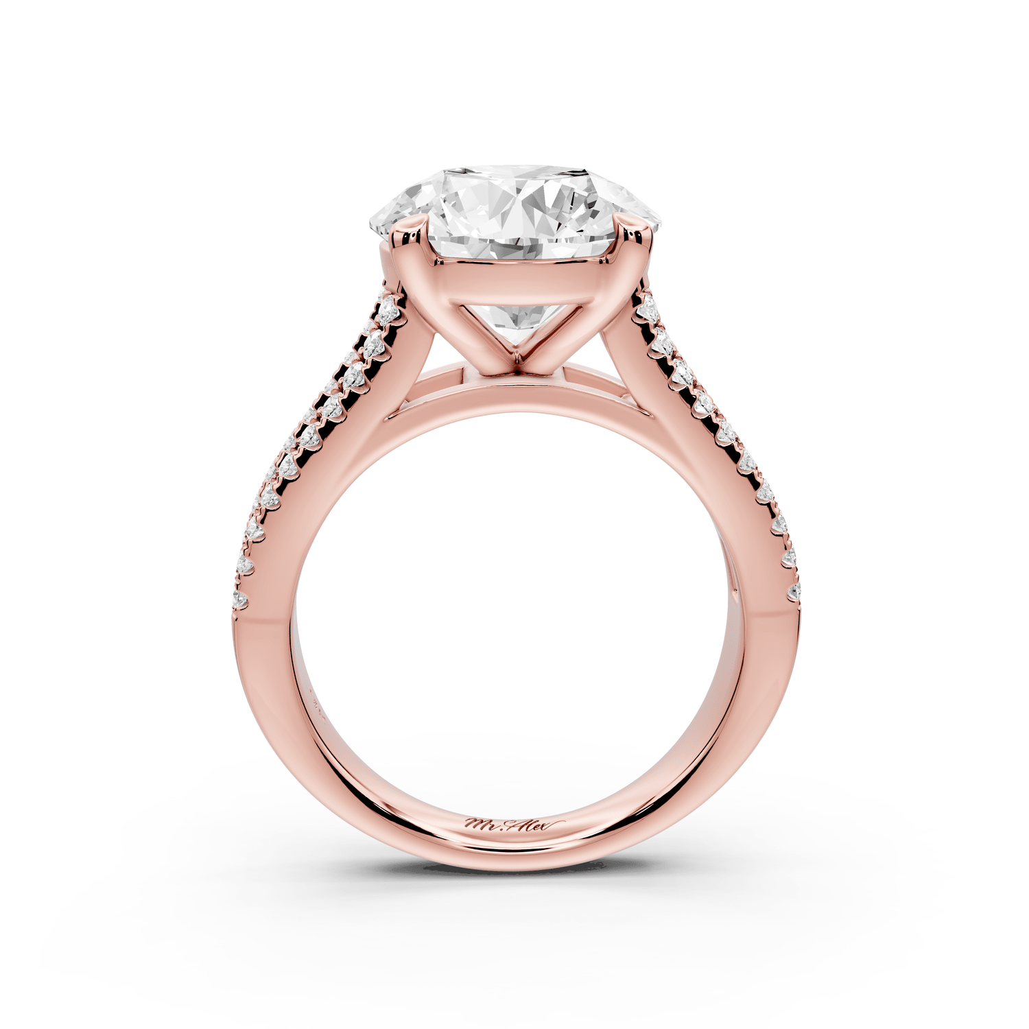 Estelle - 4ct 18k rose gold round diamond with emerald and round cut accent stones half band cathedral engagamengt ring - Mr. Alex Jewelry