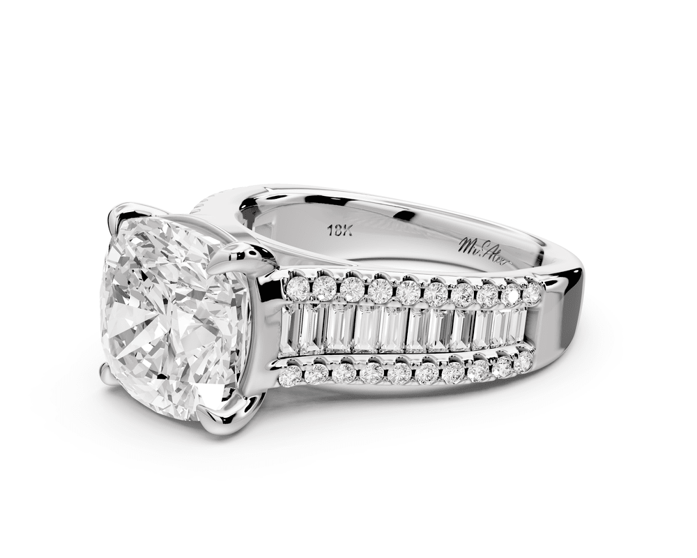 Estelle - 4ct 18k white gold cushion diamond with emerald and round cut accent stones half band cathedral engagement ring - Mr. Alex Jewelry