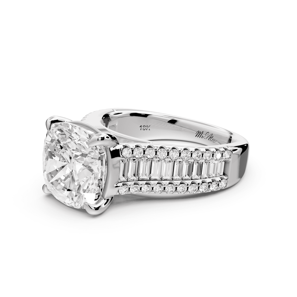 Estelle - 4ct 18k white gold cushion diamond with emerald and round cut accent stones half band cathedral engagement ring - Mr. Alex Jewelry