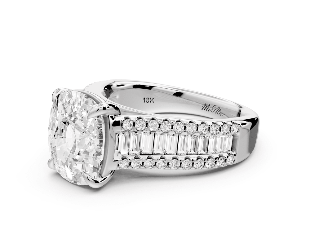 Estelle - 4ct 18k white gold ecushion diamond with emerald and round cut accent stones half band cathedral engagement ring - Mr. Alex Jewelry