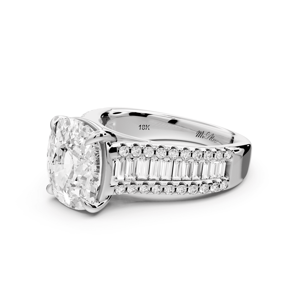 Estelle - 4ct 18k white gold ecushion diamond with emerald and round cut accent stones half band cathedral engagement ring - Mr. Alex Jewelry