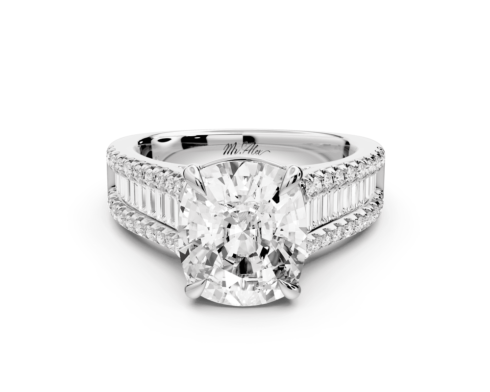 Estelle - 4ct 18k white gold ecushion diamond with emerald and round cut accent stones half band cathedral engagement ring - Mr. Alex Jewelry