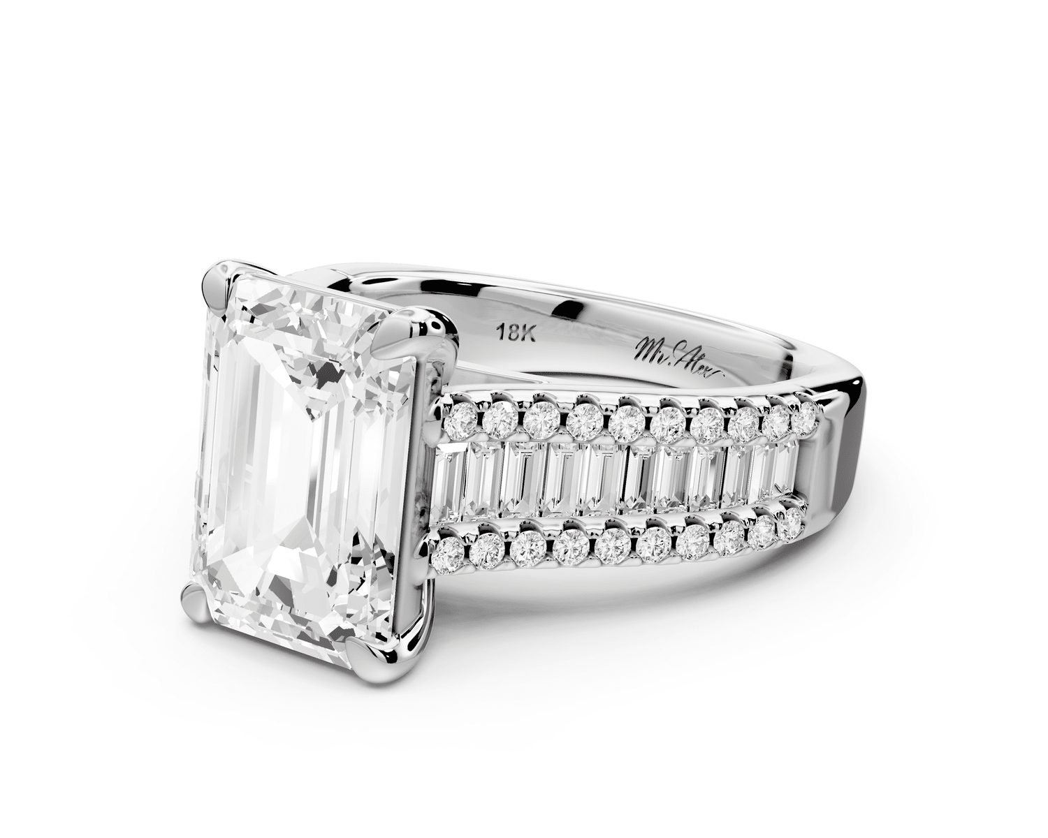 Estelle - 4ct 18k white gold emerald diamond with emerald and round cut accent stones half band cathedral engagamengt ring - Mr. Alex Jewelry